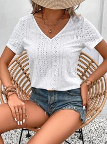 SHEIN Frenchy Contrast Lace V Neck Tee Summer White Casual - White - View 3