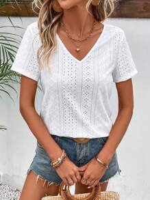 SHEIN Frenchy Contrast Lace V Neck Tee Summer White Casual - White - View 4