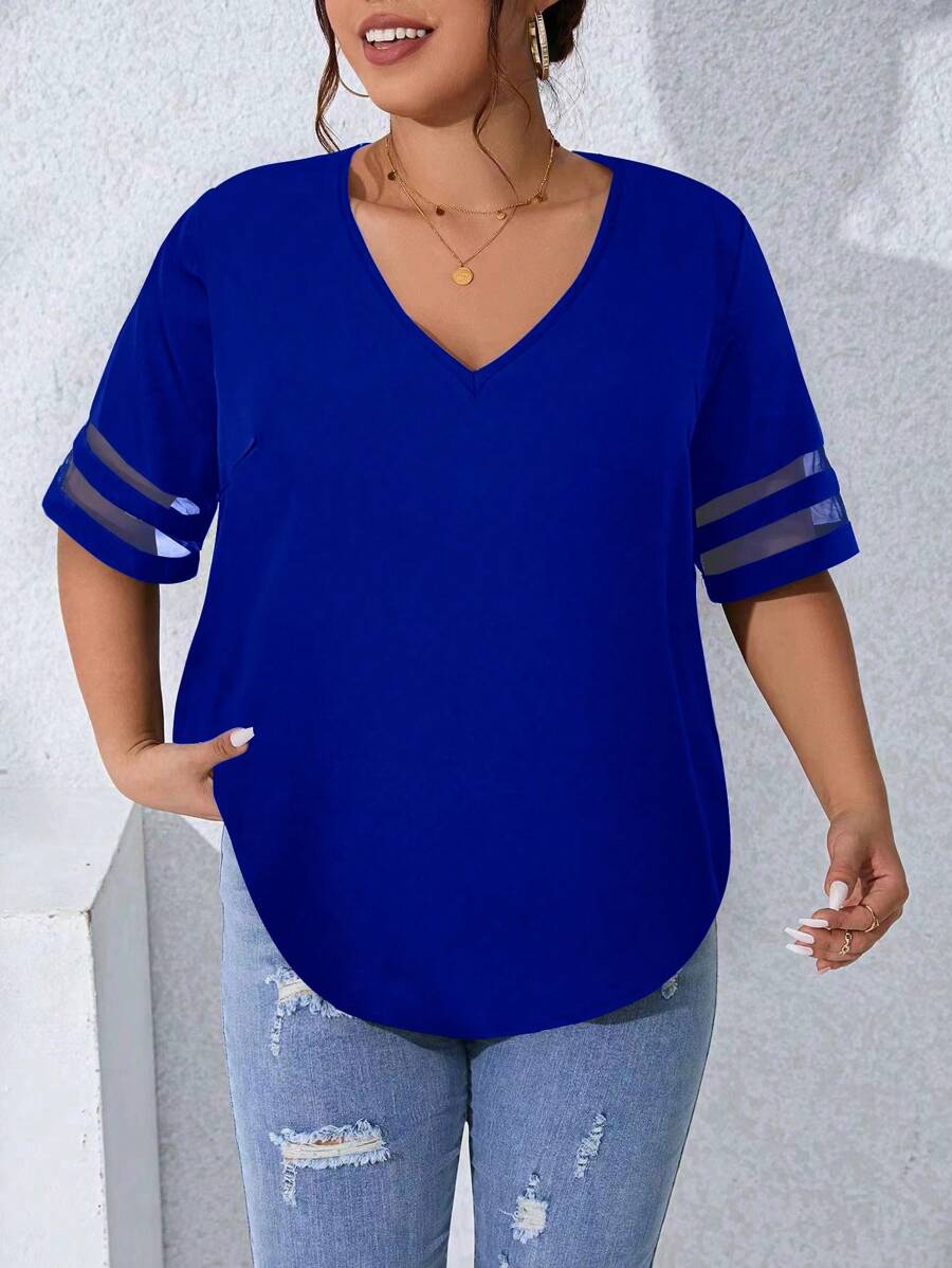 SHEIN LUNE 大碼網紗拼接拼接V領襯衫 - 藍色 - 查看 1