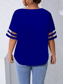 SHEIN LUNE 大碼網紗拼接拼接V領襯衫 - 藍色 - 查看 2