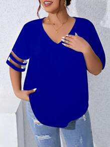 SHEIN LUNE 大碼網紗拼接拼接V領襯衫 - 藍色 - 查看 3