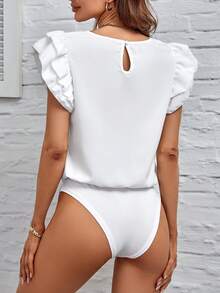 SHEIN Frenchy Solid Ruffle Trim Keyhole Back Bodysuit - White - View 2