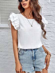 SHEIN Frenchy Solid Ruffle Trim Keyhole Back Bodysuit - White - View 3