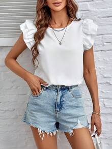 SHEIN Frenchy Solid Ruffle Trim Keyhole Back Bodysuit - White - View 4