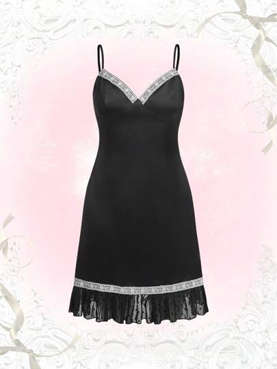Contrast Lace Ruffle Hem Cami Dress