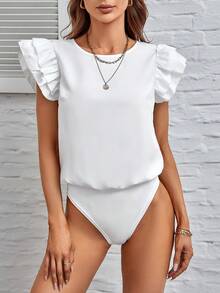 SHEIN Frenchy Solid Ruffle Trim Keyhole Back Bodysuit - White - View 5