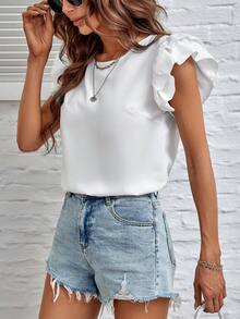 SHEIN Frenchy Solid Ruffle Trim Keyhole Back Bodysuit - White - View 6