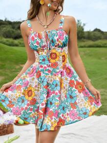 Soleia Floral Print Tie Front Cami Dress - Multicolor - View 5