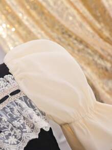 SHEIN 女孩蕾絲拼接前蝴蝶結泡泡袖連衣裙 - 黑色 - 查看 3