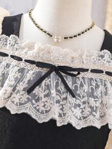 SHEIN 女孩蕾絲拼接前蝴蝶結泡泡袖連衣裙 - 黑色 - 查看 4