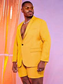 GENTILAND Men Plus Lapel Neck Single Button Blazer & Shorts - Yellow - View 3