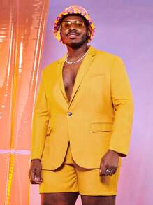 GENTILAND Men Plus Lapel Neck Single Button Blazer & Shorts - Yellow - View 6