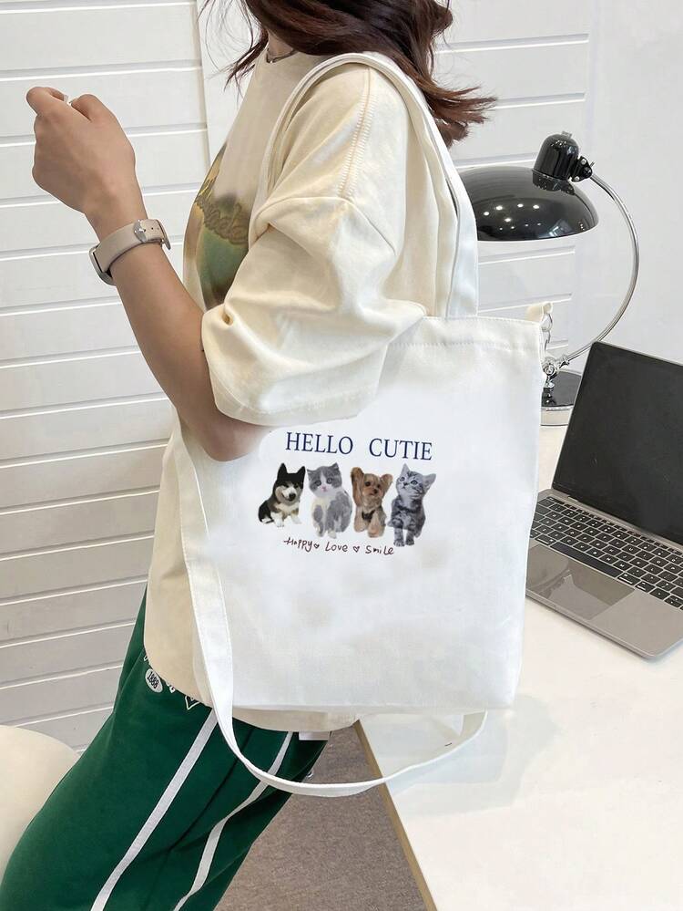 Dog & Cat Pattern Shopper Bag Cute Double Handle For Daily - White - View 1