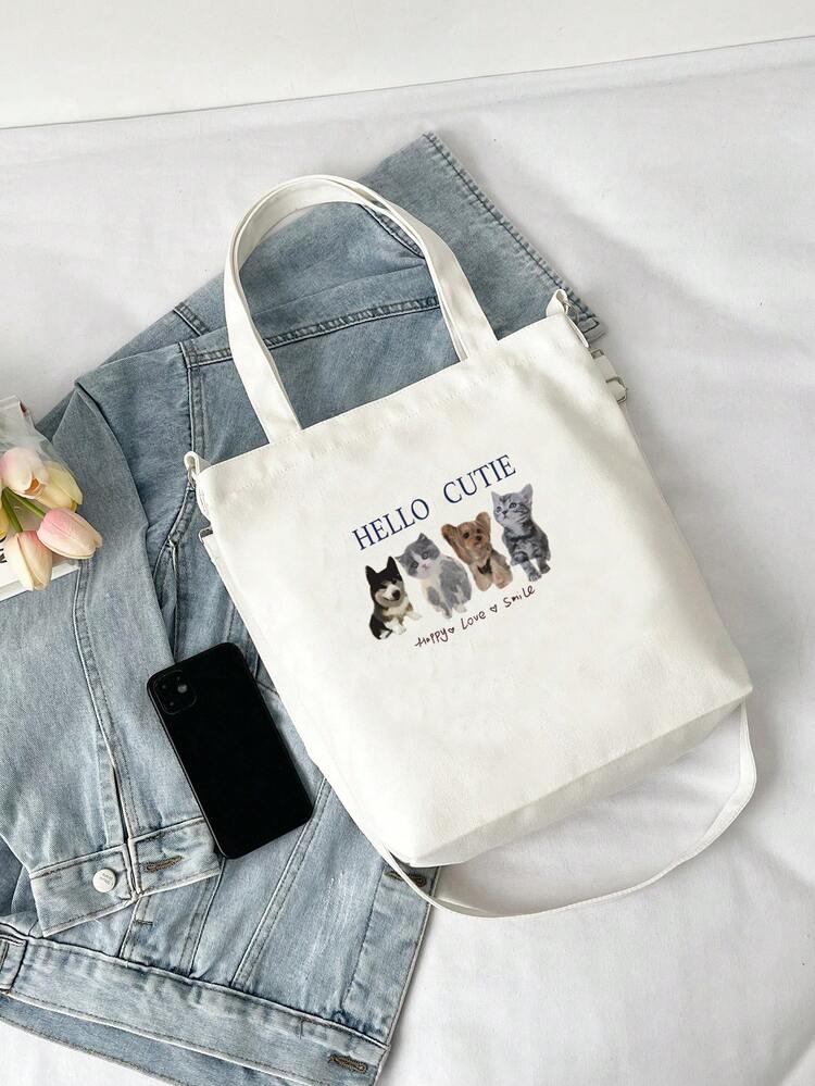 Dog & Cat Pattern Shopper Bag Cute Double Handle For Daily - White - View 4