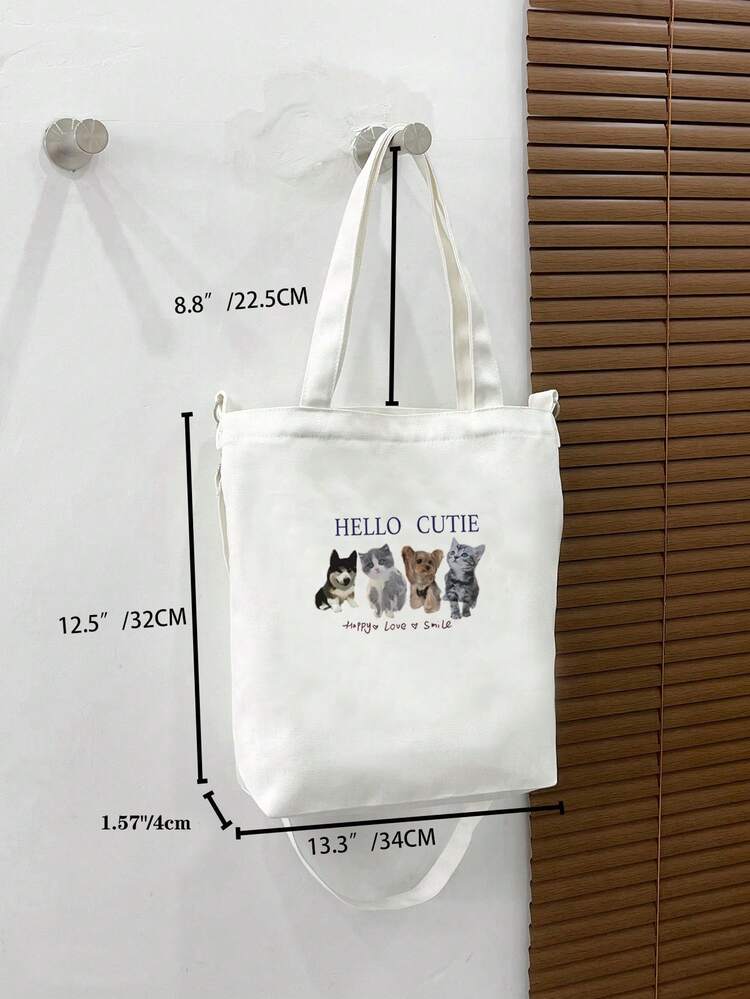 Dog & Cat Pattern Shopper Bag Cute Double Handle For Daily - White - View 5