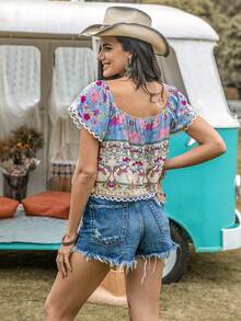 Rusttydustty Blusa con estampado floral de manga mariposa - Multicolor - Ver 3