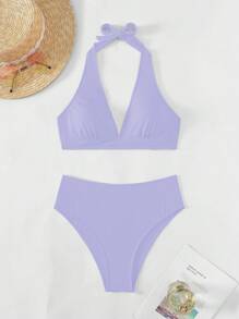 SHEIN Swim Summer Beach Solid Halter High Waisted Bikini Set - Lilac Purple - View 3