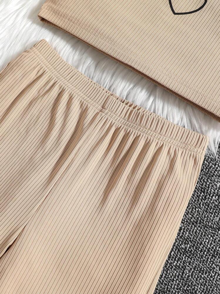 Tween Girl Heart Print Cami Top & High Low Hem Top & Wide Leg Pants Set - Khaki - View 5