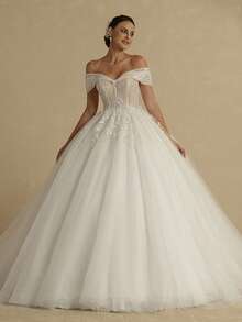 Vestido de novia de hombros descubiertos con lentejuela en contraste con malla - Beis - Ver 5