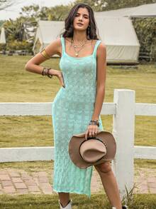 Solid Split Thigh Cami Jumper Dress - Mint Green - View 2
