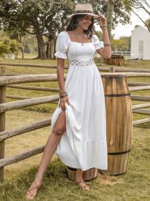 Rusttydustty 方領泡泡袖荷葉邊連衣裙 - 白色 - 查看 2