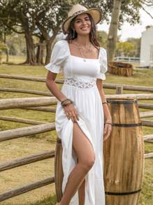 Rusttydustty 方領泡泡袖荷葉邊連衣裙 - 白色 - 查看 1