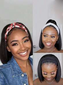 Short Straight Synthetic Wig With Headband - Black - View 1