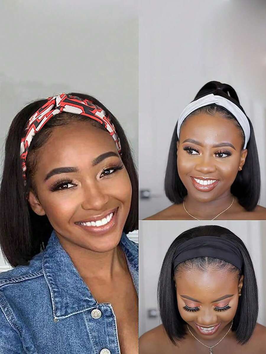 Short Straight Synthetic Wig With Headband - Black - View 1