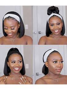 Short Straight Synthetic Wig With Headband - Black - View 5