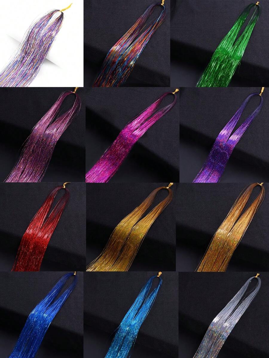 5 Chiếc Tóc Dài Thẳng Lấp Lánh Sáng Bóng Tinsel Rainbow Lụa Tổng Hợp Tóc - Màu Hoa oải hương tím - Xem 1
