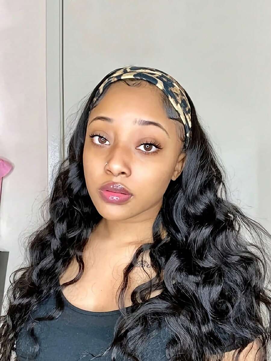 長款小波浪人造假髮附髮帶 - 黑色 - 查看 1