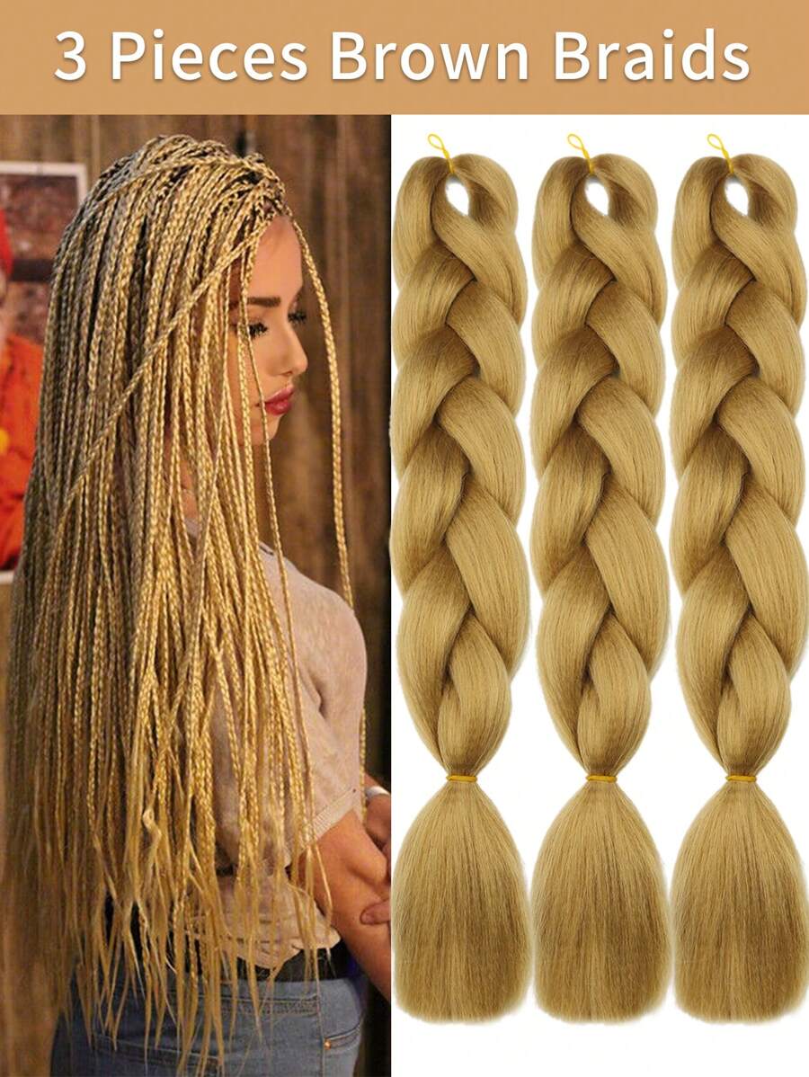 Paquete de 3 trenzas grandes de 24 pulgadas aptas para mujeres y niños para uso diario, vacaciones, cosplay, Navidad, Año Nuevo, carnavales, festivales de música. Extensiones de cabello sintético trenzado de color rosa rojo de moda, útiles y hechos con precisión, resistentes al calor, para Halloween y Navidad. - Marrón - Ver 1