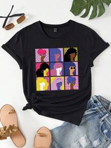 SHEIN Unity 1入組人像圖案T恤 - 黑色 - 查看 1