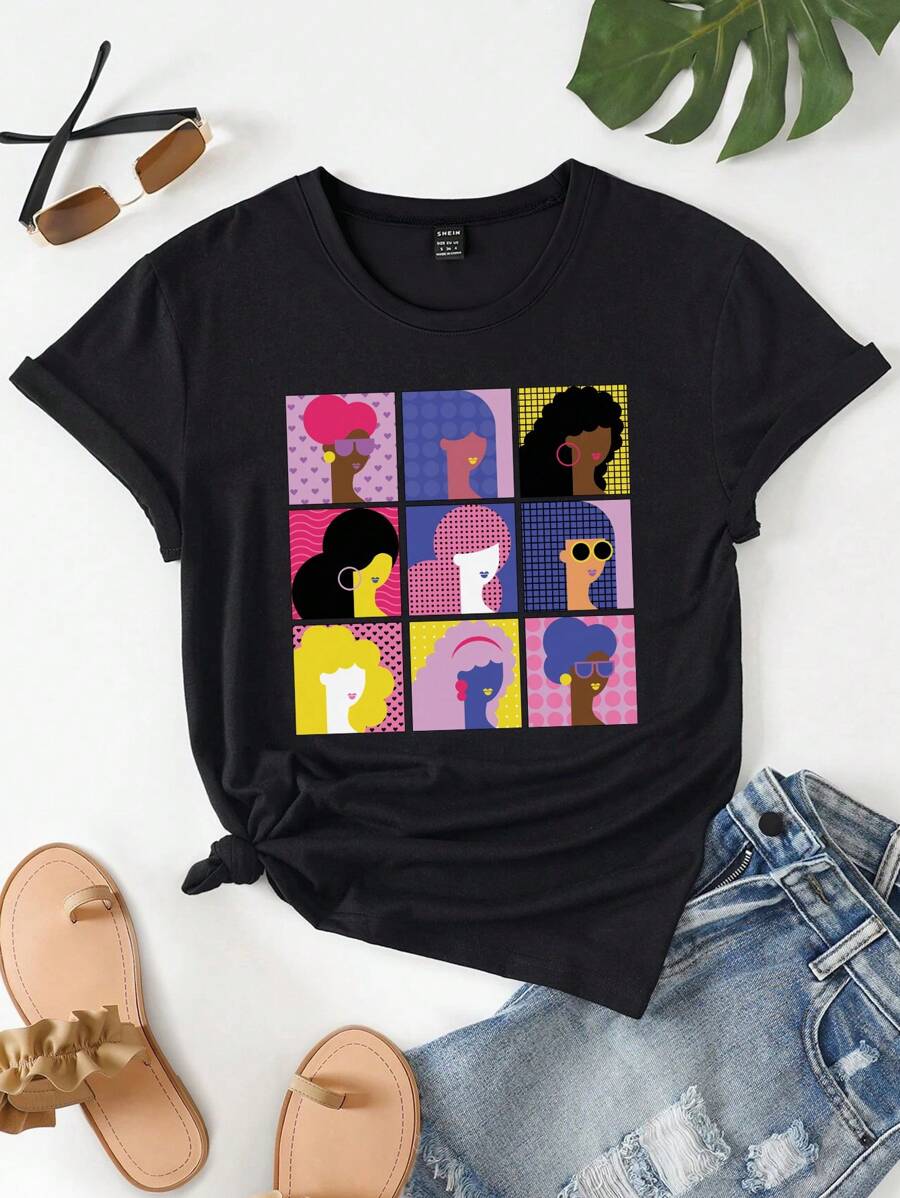SHEIN Unity 1入組人像圖案T恤 - 黑色 - 查看 1