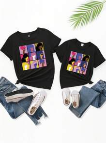 SHEIN 件女童可愛卡通人物圖案圓領短袖 T 卹 - 黑色 - 查看 2