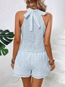 SHEIN VCAY Bộ đồ hai mảnh nữ Buộc lại Kẻ sọc Giải trí - Màu xanh lam - Xem 2