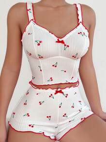 樱桃印花生菜边睡衣套装 / 睡衣套装 - 白色 - 查看 5