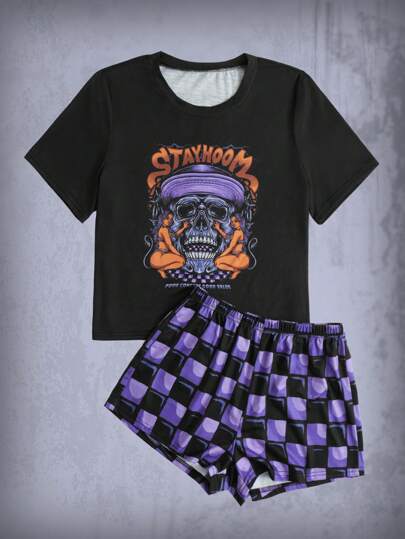 Stayhoom Project Imprimé Tête De Mort T-shirt & À Carreaux Short Ensemble De Pyjama