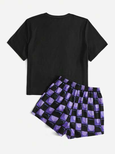 Stayhoom Project Imprimé Tête De Mort T-shirt & À Carreaux Short Ensemble De Pyjama