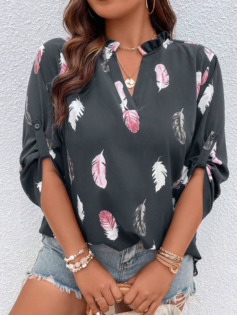 Plus Feather Print Roll Tab Sleeve Popover Blouse