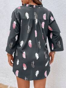 Plus Feather Print Roll Tab Sleeve Popover Blouse