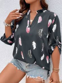 Plus Feather Print Roll Tab Sleeve Popover Blouse