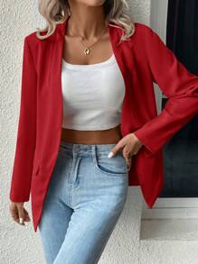 SHEIN LUNE 素色開門襟西裝外套 - 酒紅色 - 查看 4