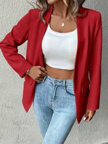 SHEIN LUNE 素色開門襟西裝外套 - 酒紅色 - 查看 6