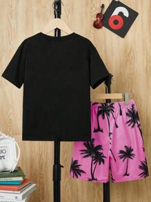 SHEIN Tween Boys' Coconut Tree Pattern Beach Style T-Shirt And Shorts - Pink - View 2