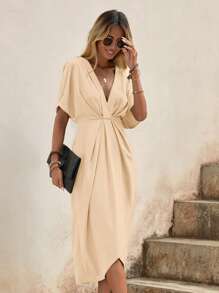 SHEIN Clasi Plunge Neck Batwing Sleeve Wrap Hem Dress - Apricot - View 1