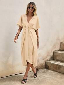 SHEIN Clasi Plunge Neck Batwing Sleeve Wrap Hem Dress - Apricot - View 3