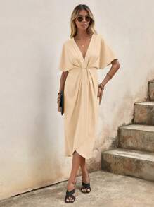 SHEIN Clasi Plunge Neck Batwing Sleeve Wrap Hem Dress - Apricot - View 4