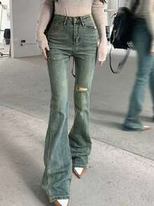 Jeans de pierna amplia desgarro - Azul lavado medio - Ver 3