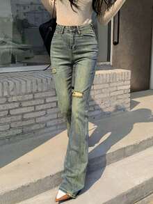 Jeans de pierna amplia desgarro - Azul lavado medio - Ver 4